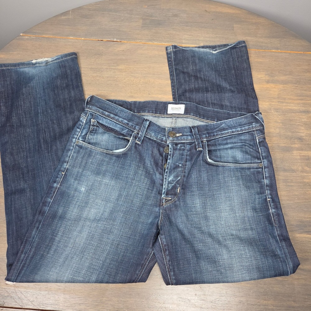 Hudson Mens Size 32 Clifton Bootcut Jeans 27.5 Inseam Distressed Dark Wash Blue